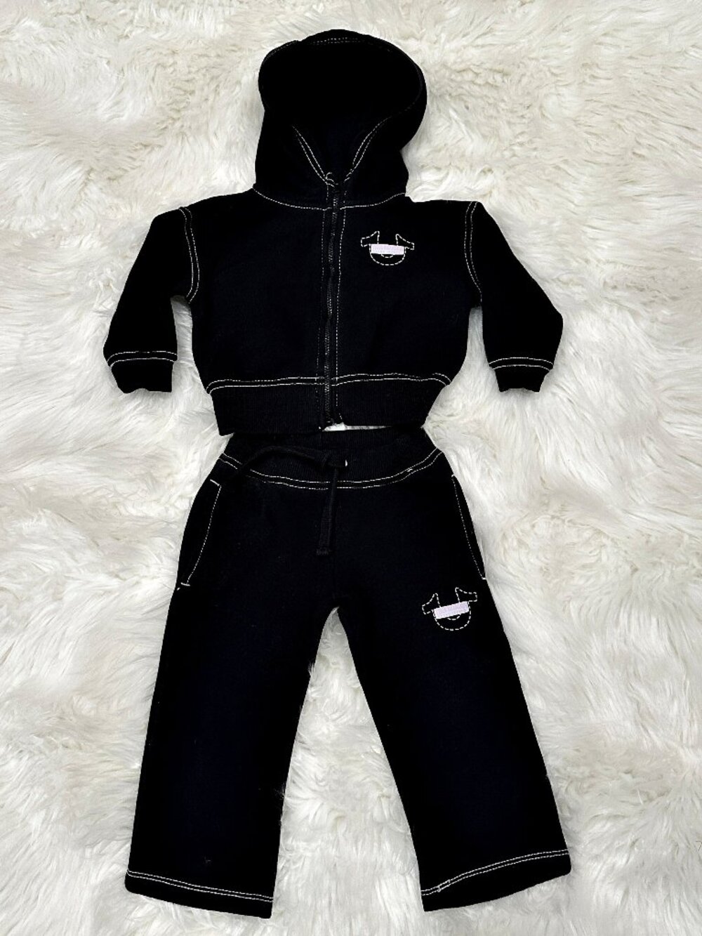 True Religion Baby Girls 24M Black 2 Piece Hoodie Pants Tracksuit Pink Stitching